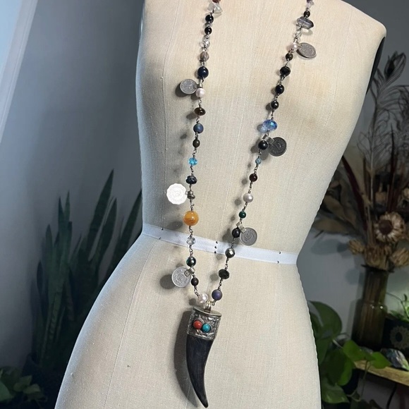 Tibetan Horn Pendant Mixed Gemstones Vintage Kuchi Coins Charms Gypsy Boho - Picture 4 of 5